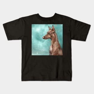 Painting of a Pharaoh Hound Dog on Green Blue Background Kids T-Shirt